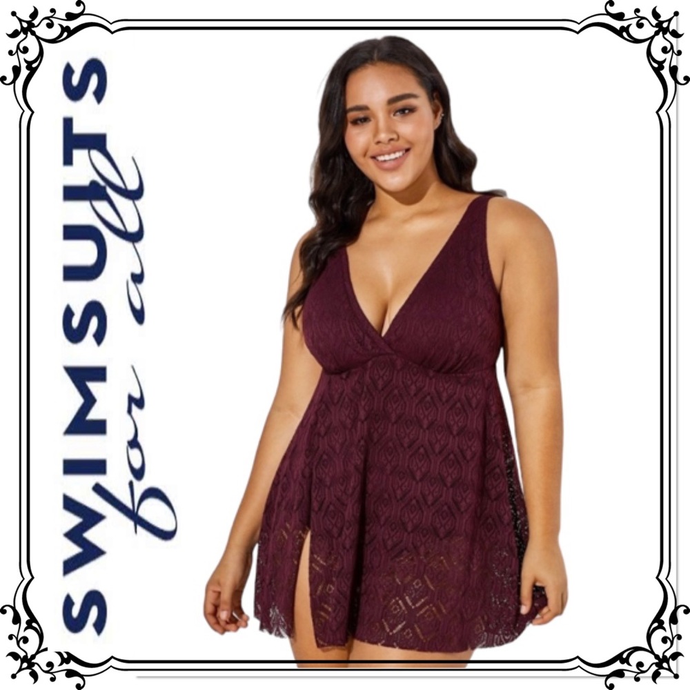 🆕 SWIMSUITS FOR ALL ⭐️ Wine Lace Side Split One-Piece SwimDress
